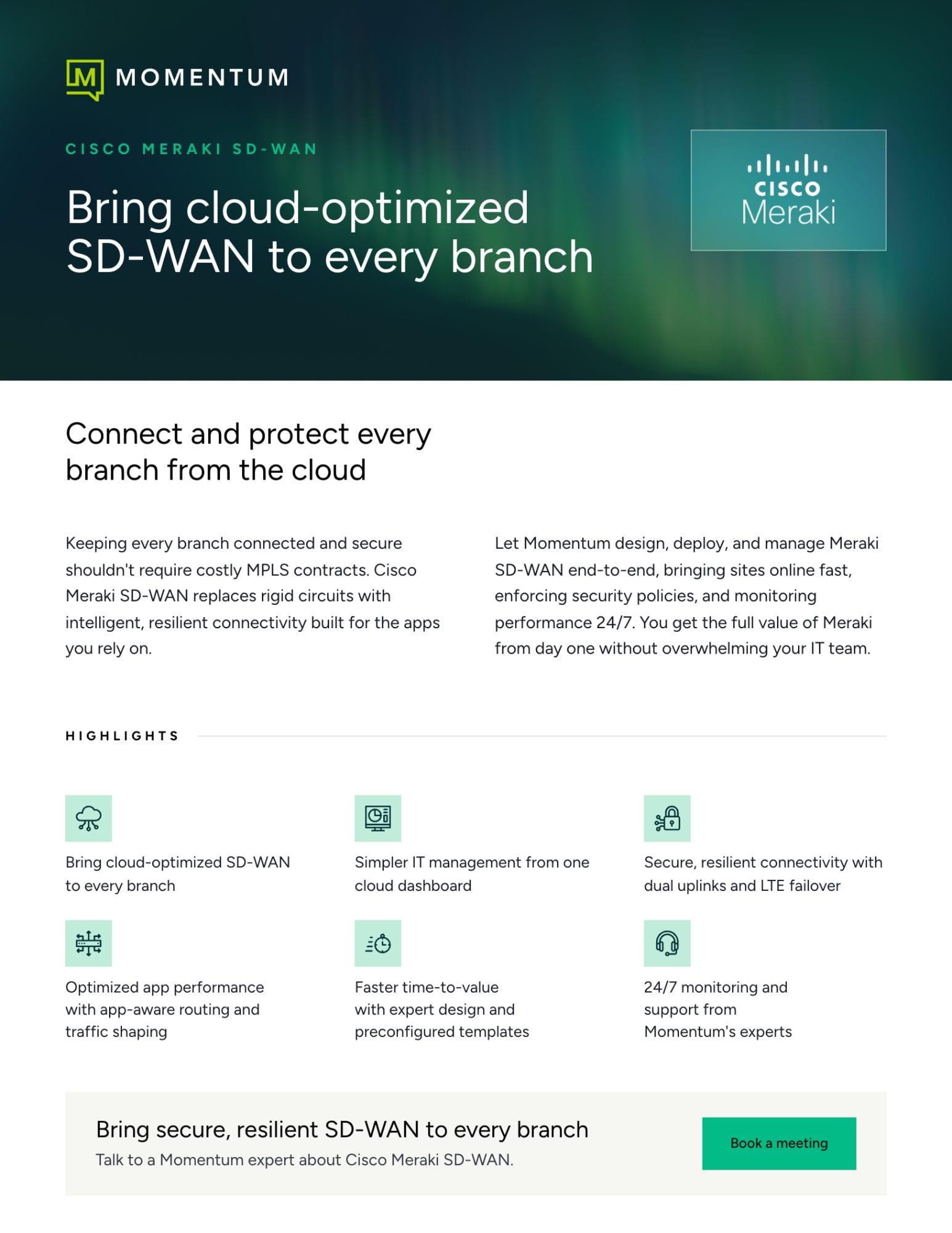 Page one of the Cisco Meraki SD-WAN datasheet