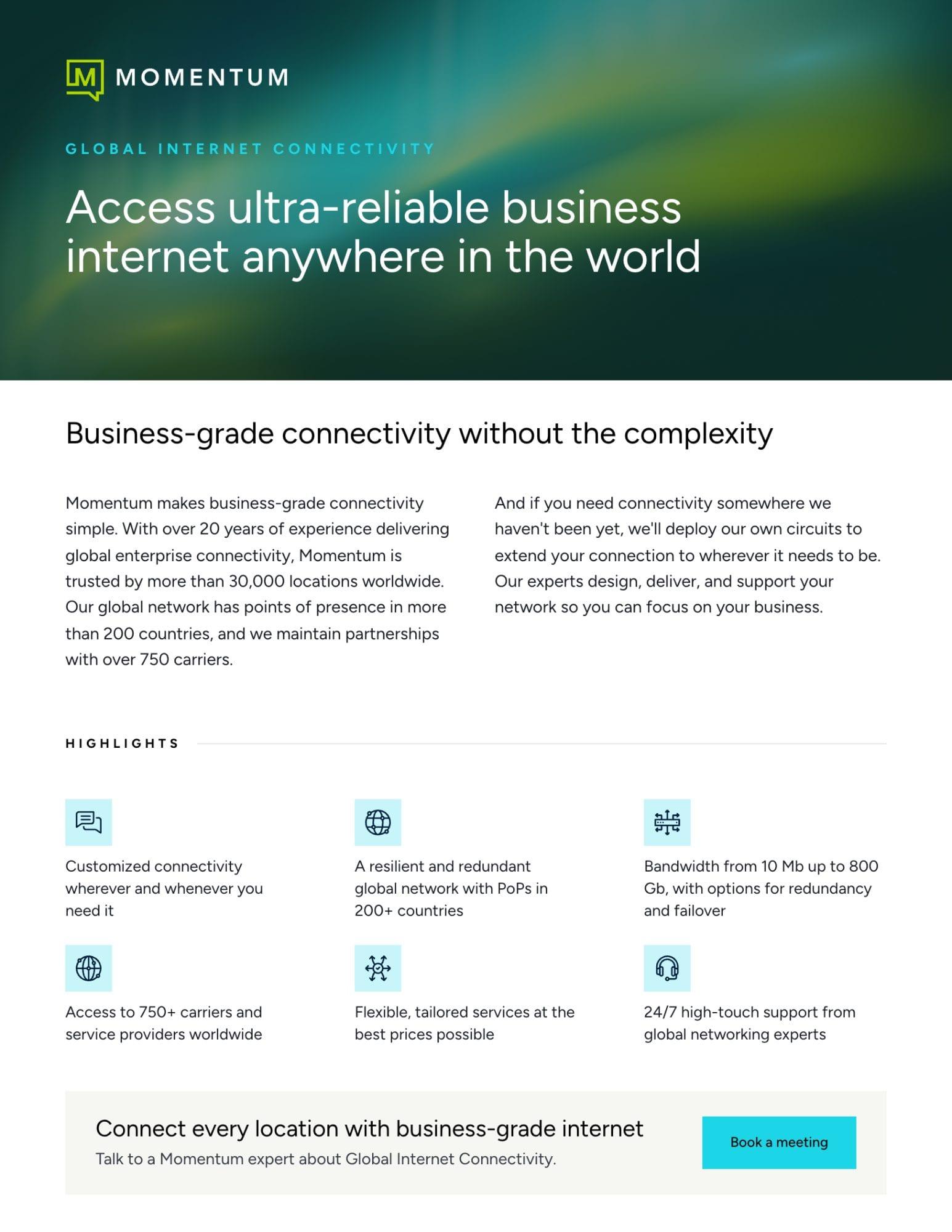 Page one of the Global Internet Connectivity datasheet