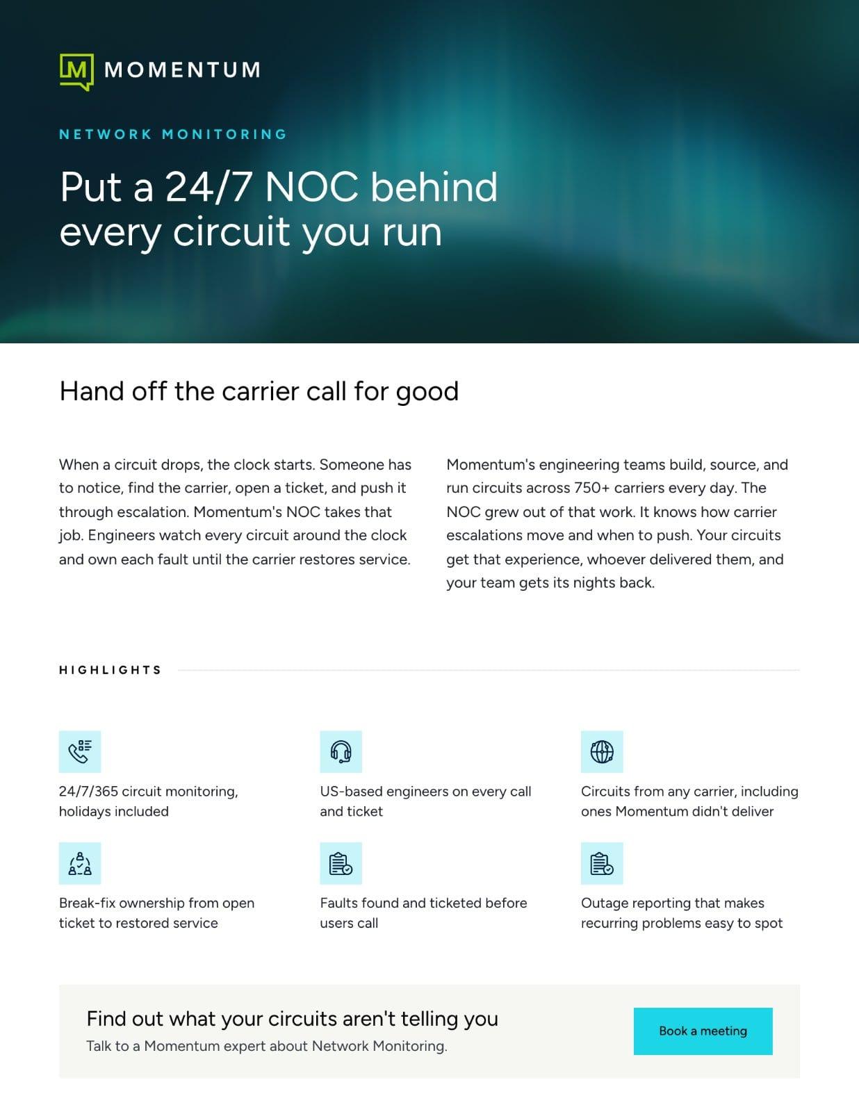 Page one of the Network Monitoring datasheet