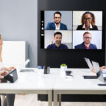 a conference room with a Microsoft Teams meeting