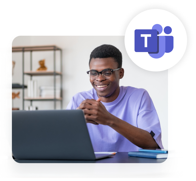 African American man using Microsoft Teams and wearing a purple shirt