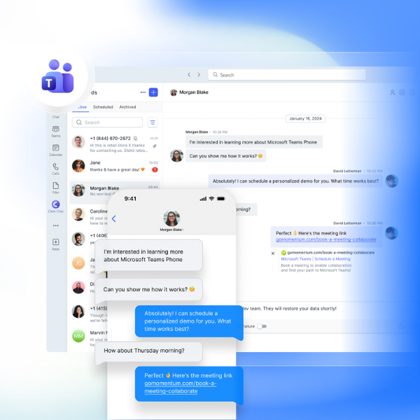 A Microsoft Teams interface showing a chat with messages between Morgan Blake and a colleague discussing scheduling a demo. Includes a floating smartphone screen mirroring the conversation. The tone is professional and cooperative.