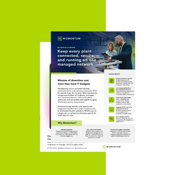 Momentum manufacturing flyer featuring a professional man and woman in a plant setting. Key text highlights connectivity, security, and IT efficiency.