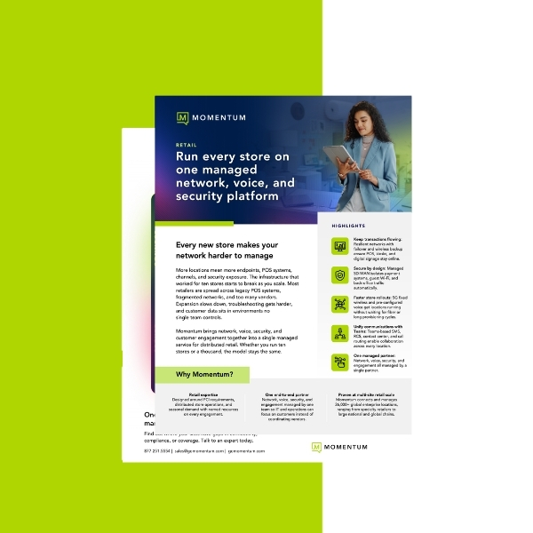 A professional woman uses a tablet on a flyer for Momentum. It highlights network management for retail stores with features and benefits listed. The tone is informative and modern.