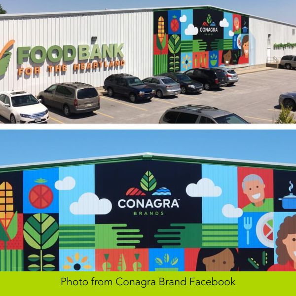 Two images of a food bank building: The Food Bank for the Heartland features a colorful mural with Conagra Brands logo, vibrant produce, and diverse faces. Several cars are parked in front, conveying a sense of community and care.