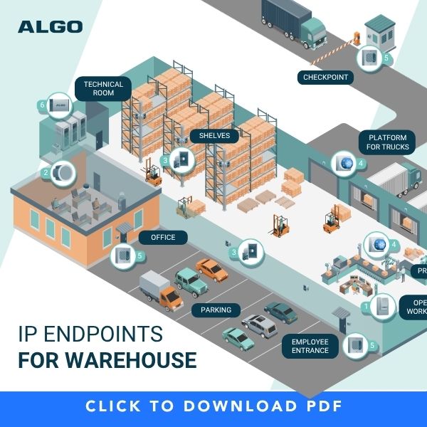 Illustration of Algo IP endpoints for warehouse environments showing IP paging and alerting devices across shelves, loading docks, checkpoints, offices, parking areas, and employee entrances.