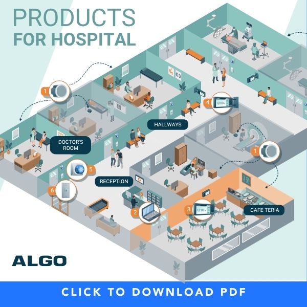 Illustration of Algo IP paging and alerting products for hospitals with devices placed in doctor’s rooms, hallways, reception areas, cafeterias, and patient care spaces.