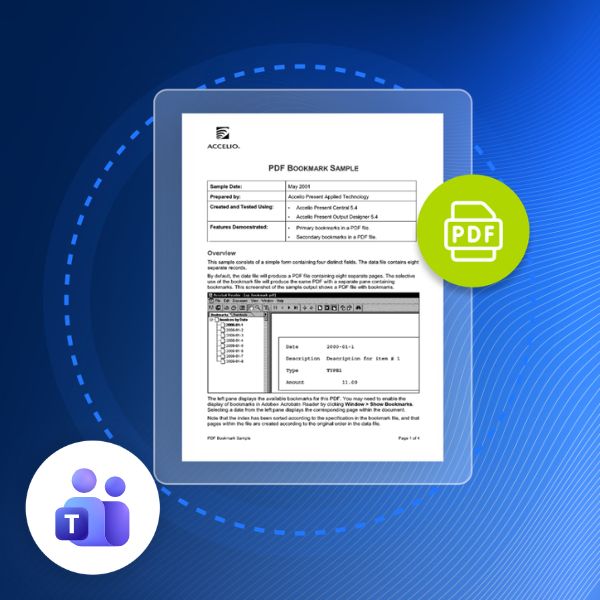 Image of a PDF document titled "PDF Bookmark Sample" from Accelio, with overlay icons for PDF and Microsoft Teams. Background is a blue gradient with circular patterns.