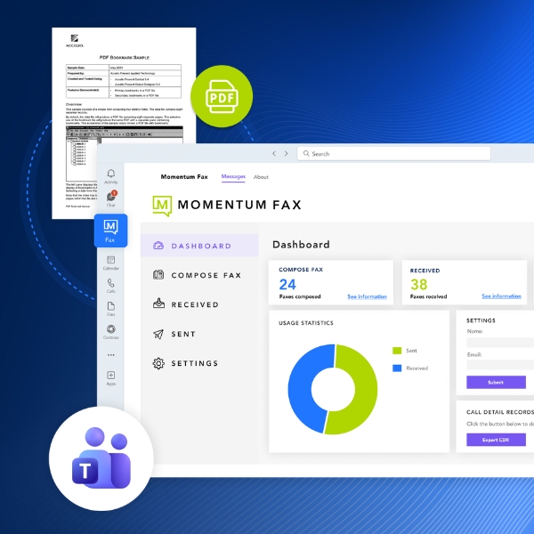 Dashboard interface of Momentum Fax software on a blue background. It shows composed and received faxes, a pie chart, and PDF and Teams icons.